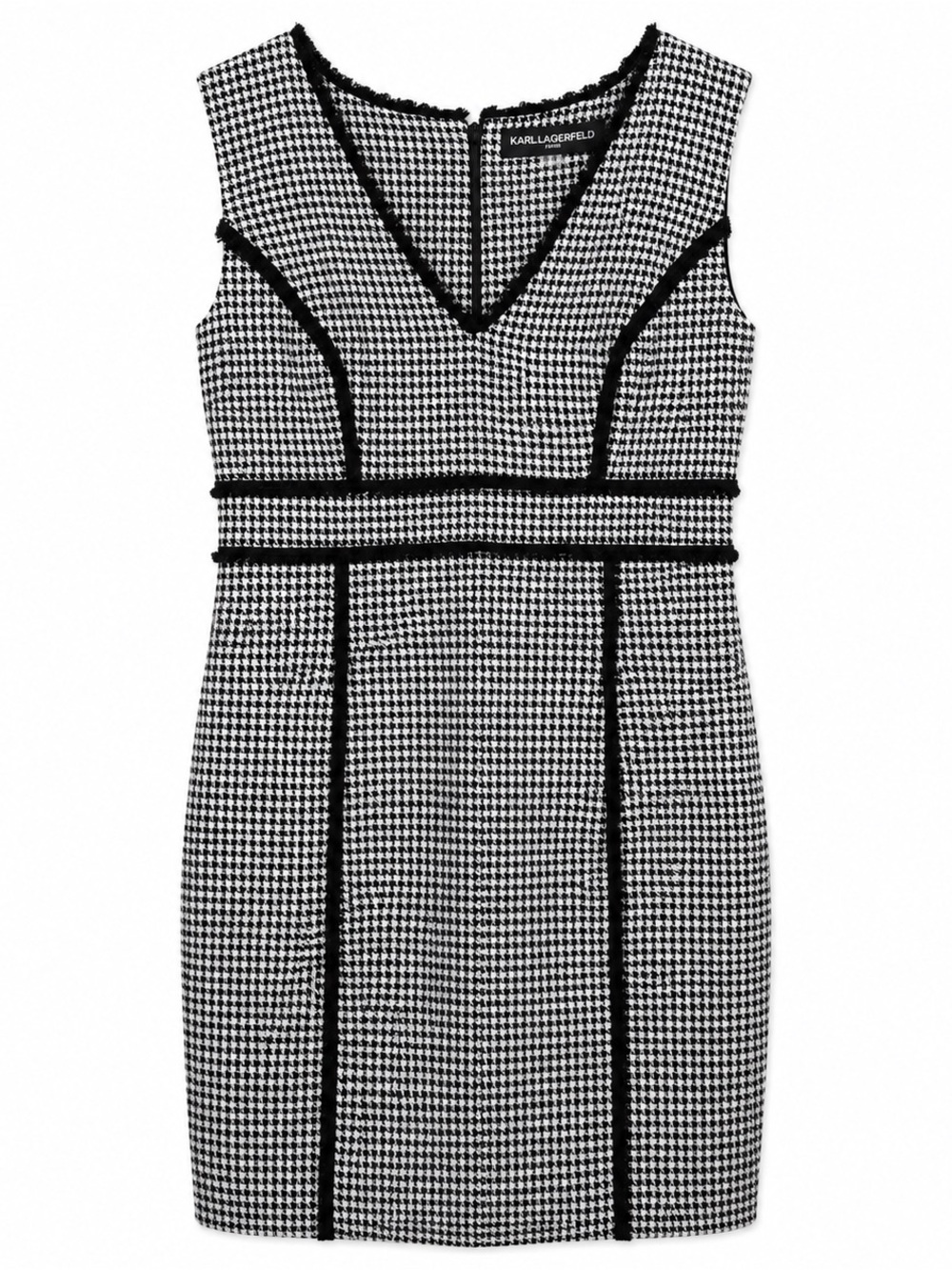 Karl Lagerfeld Paris Houndstooth Sheath Dress Fringe Trim V-Neck Size 6 Career